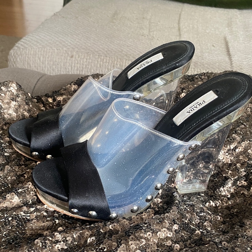 RARE Prada Black Satin & Clear PVC Studded Mules 2010